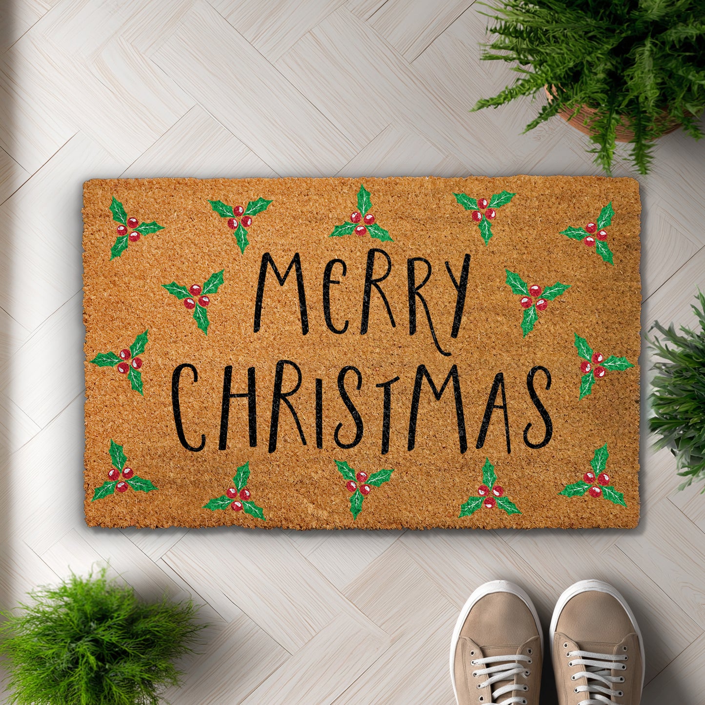 Festive Holly Berries Doormat, Winter Welcome Rug, Housewarming Decor