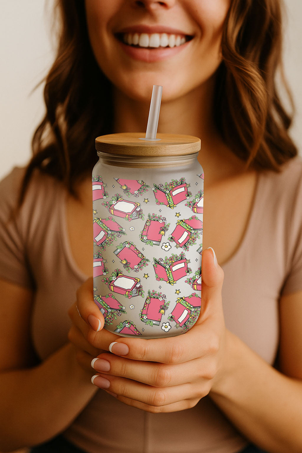 Floral Books Can Glass Tumbler, Pink School Girl Enthusiast Gift