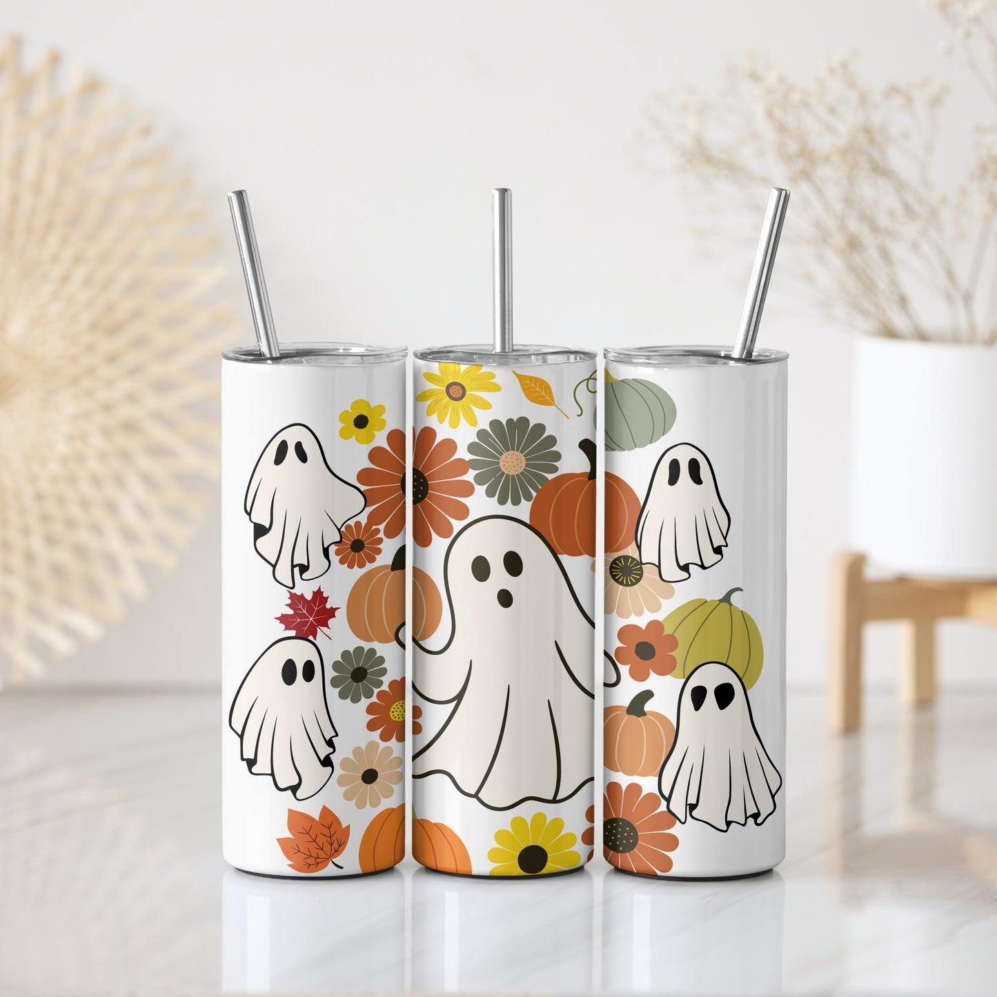 Fall Floral Ghosts Tumbler, Festive Pumpkin Theme, Insulated Halloween Cup