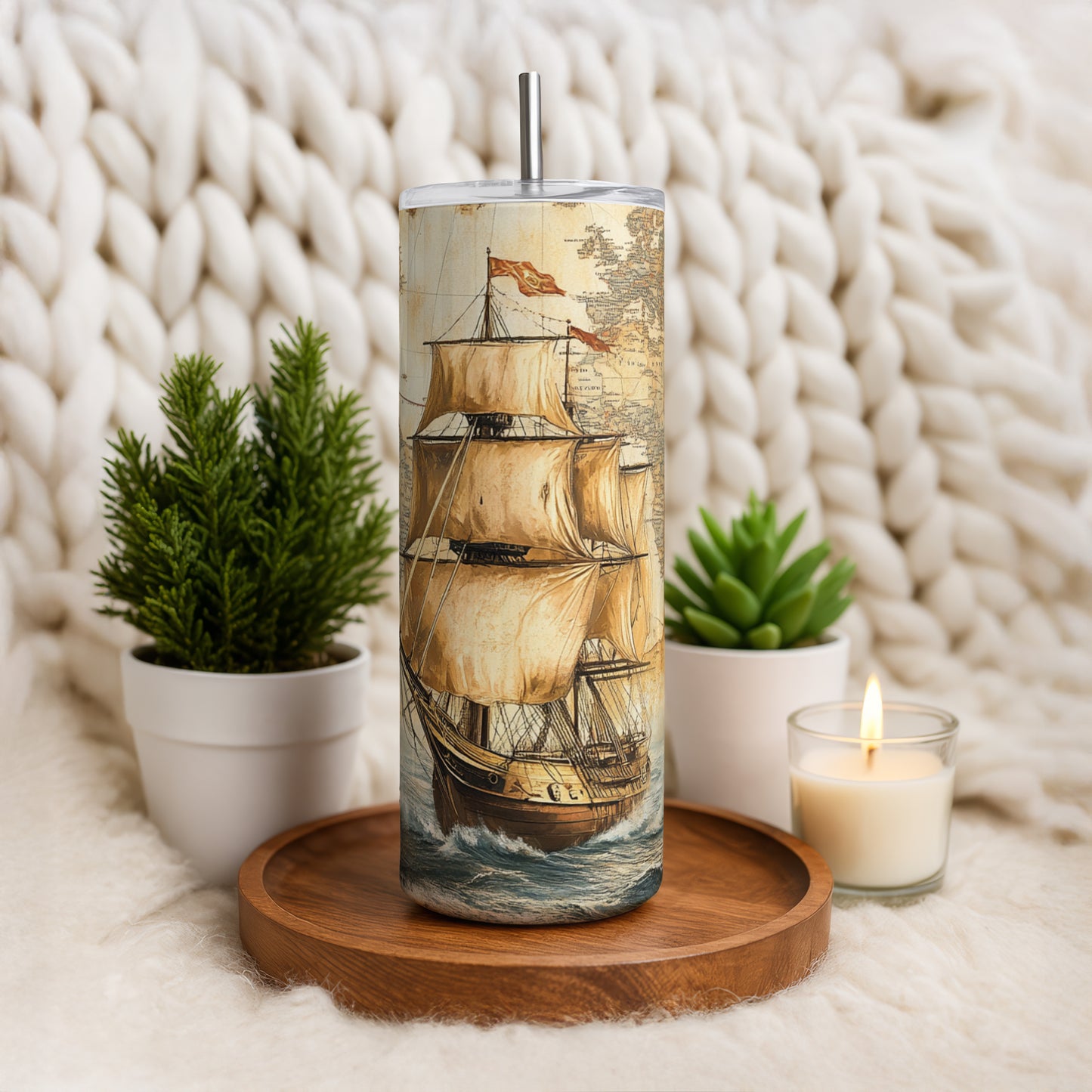 Nautical Theme Steel Water Bottle, Retro Design Insulated Tumbler, Vintage