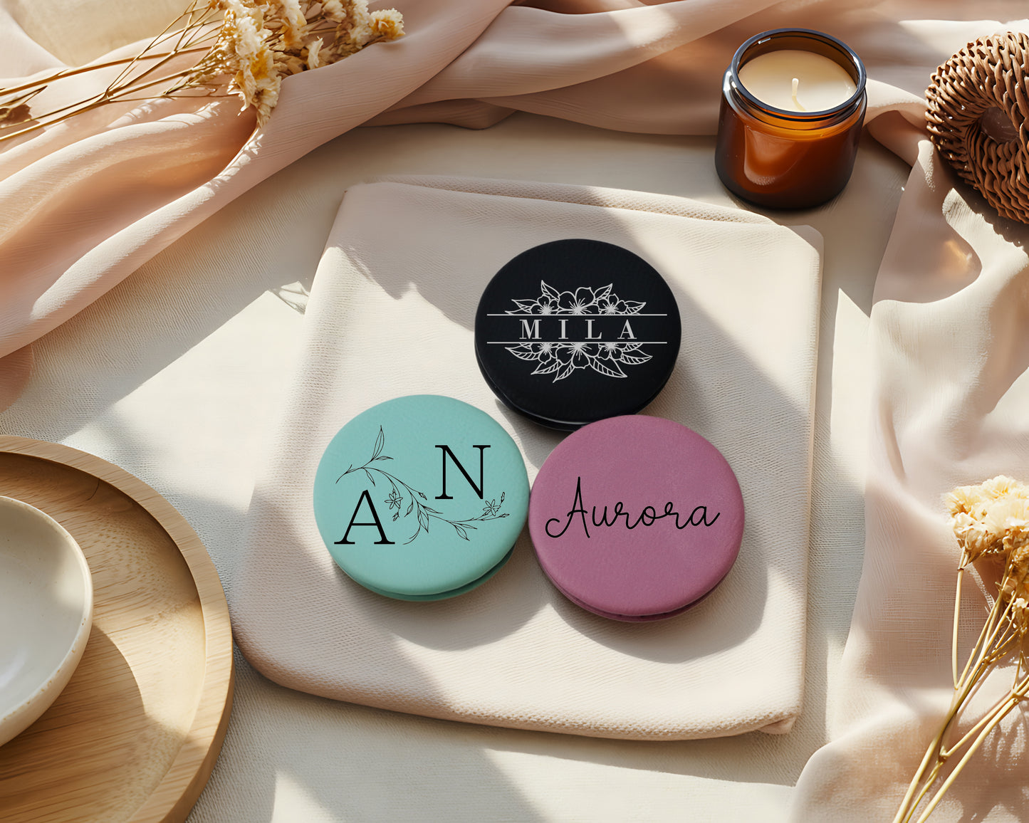 Floral Engraved Personalized Compact Mirror, Bridal Party Vegan Leather Gift