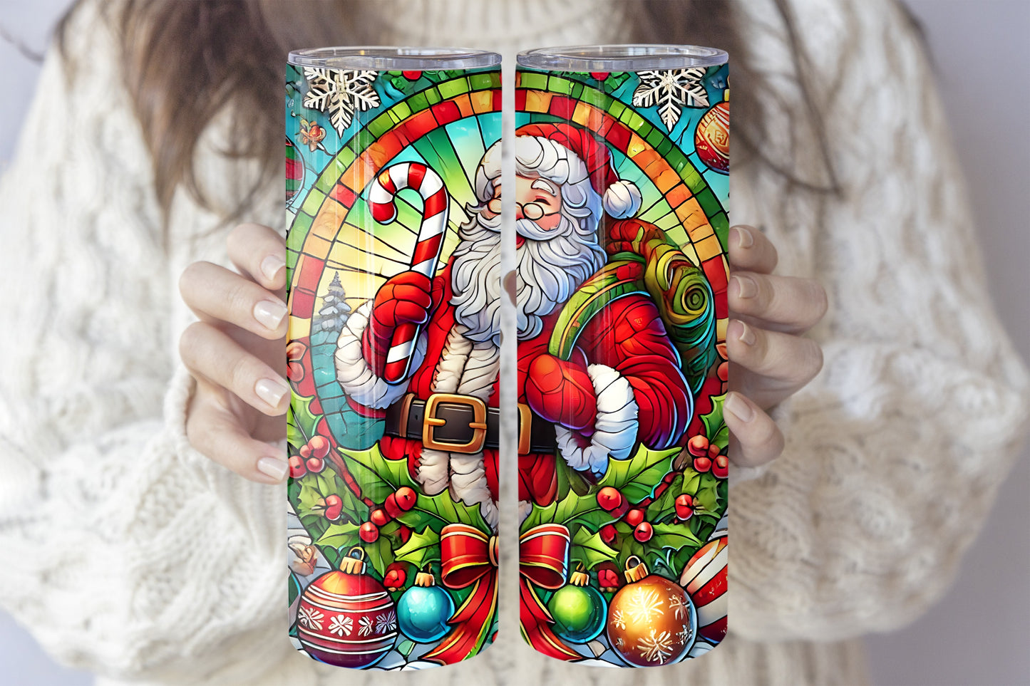 Festive Stained Glass Santa Clause Tumbler, Colorful Insulated Coquette