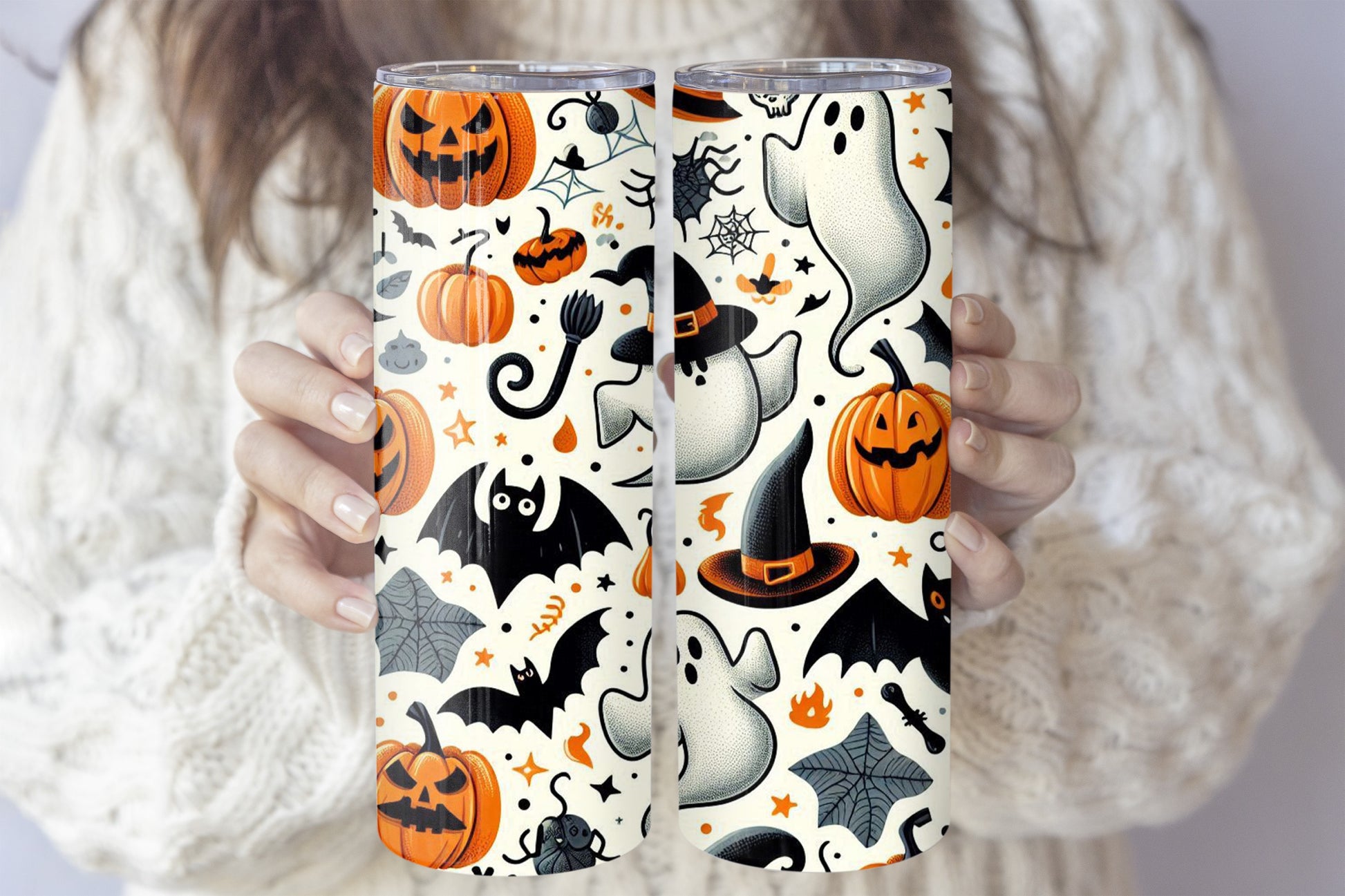 Spooky Bats, Ghosts, and Jack-O-Lantern Tumbler with Straw