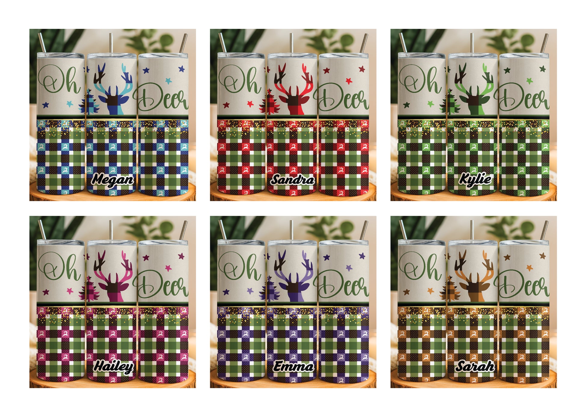 Custom Deer Christmas Tumbler, Plaid Family Holiday Coffee Cup