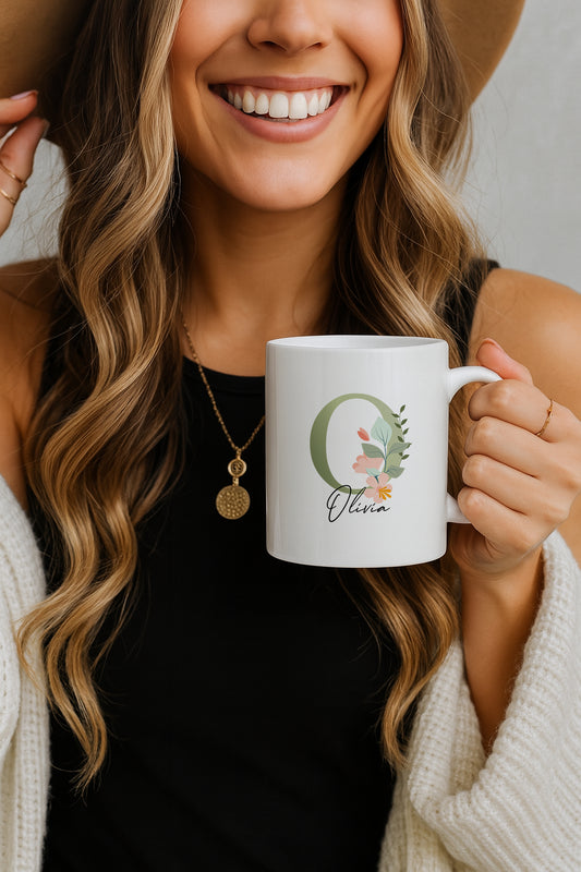 Personalized Ceramic Tea Cup, Floral Initials Coffee Mug, Elegant Monogram