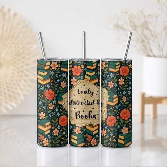 Easily Distracted By Books, Floral Stainless Steel Tumbler, Cottage Core Theme
