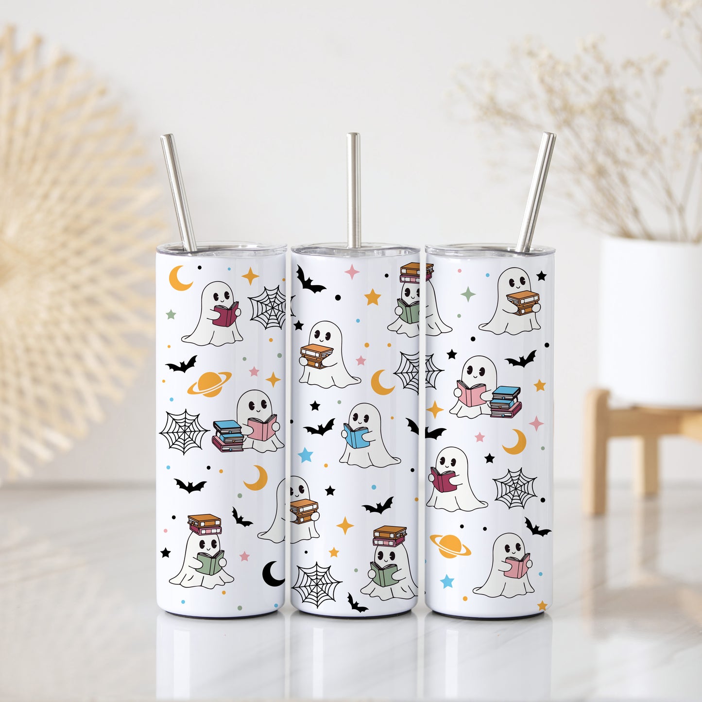Spooky Season Bookworm Ghost Tumbler, Cute Kids Drinkware Gift