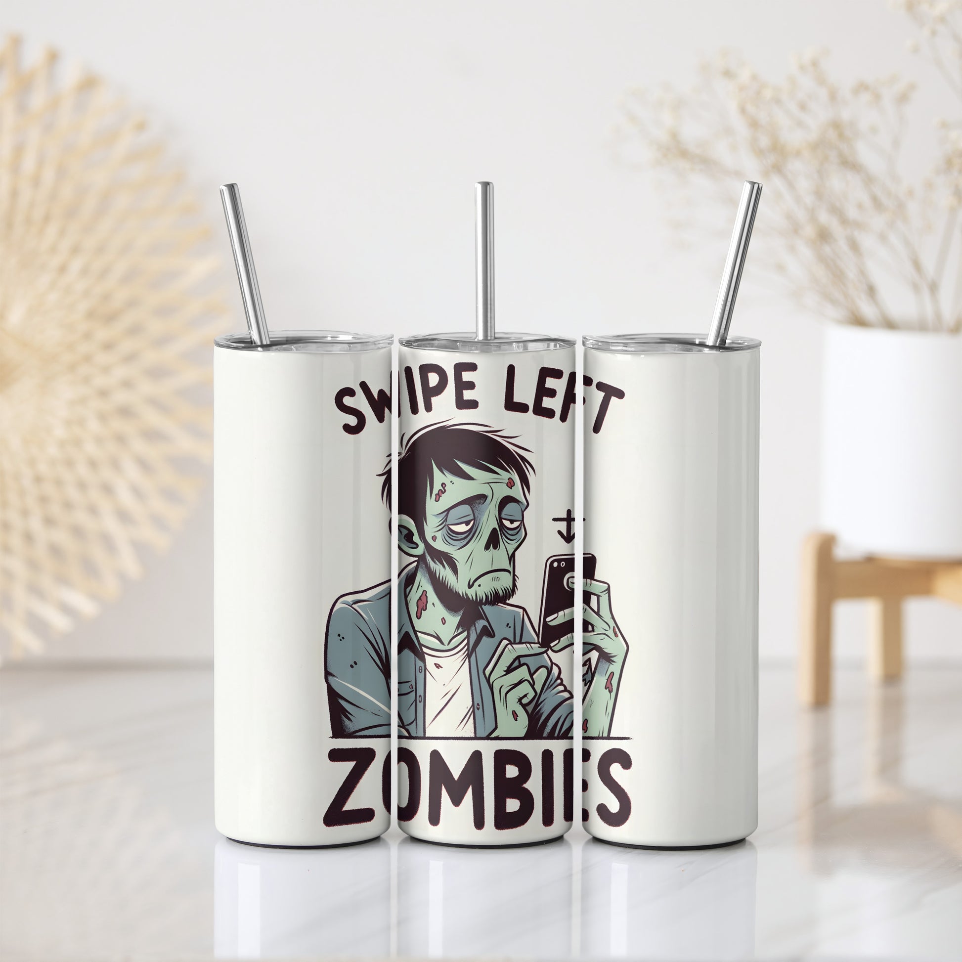 Swipe Left Zombies Tumbler: Halloween Humor Insulated Steel Sarcasm Cup.