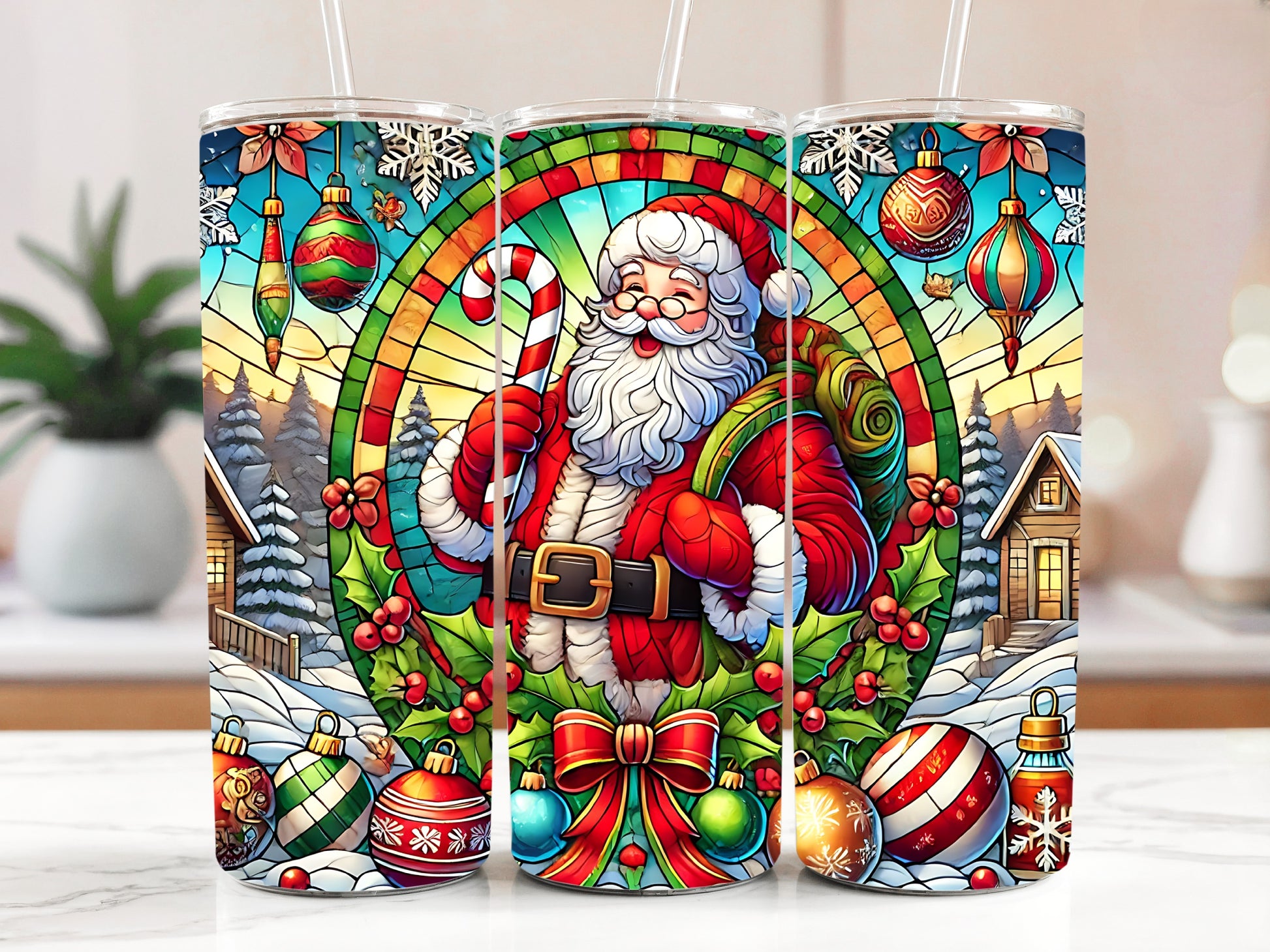 Festive Stained Glass Santa Clause Tumbler, Colorful Insulated Coquette