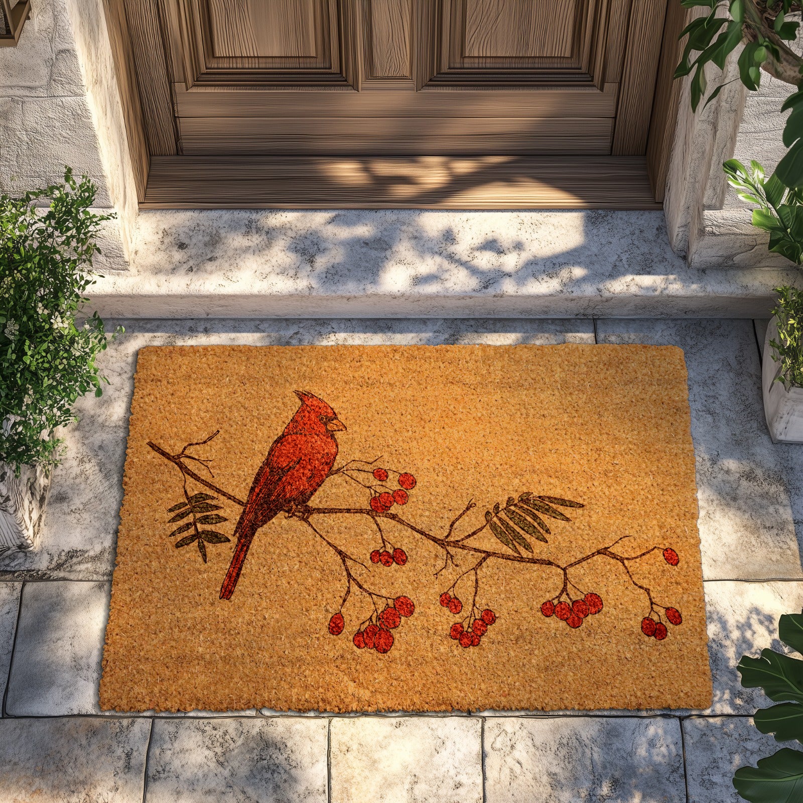 Cheerful Red Cardinal Doormat, Festive Holiday Housewarming Gift for Bird Lovers.