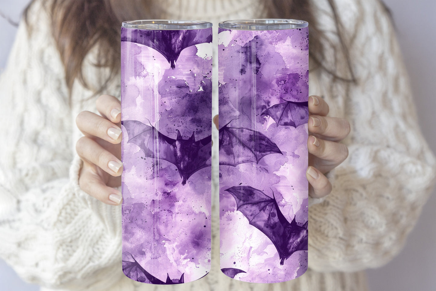 Purple Watercolor Bat Design Coffee Tumbler, Aesthetic Halloween Insulated Goth Cup