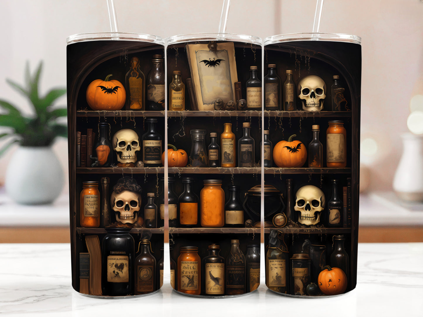 Halloween-themed Stainless Steel Tumbler, Spooky Apothecary Shelf Design