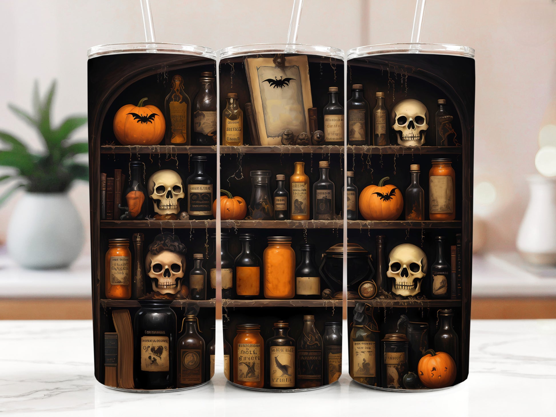 Halloween-themed Stainless Steel Tumbler, Spooky Apothecary Shelf Design