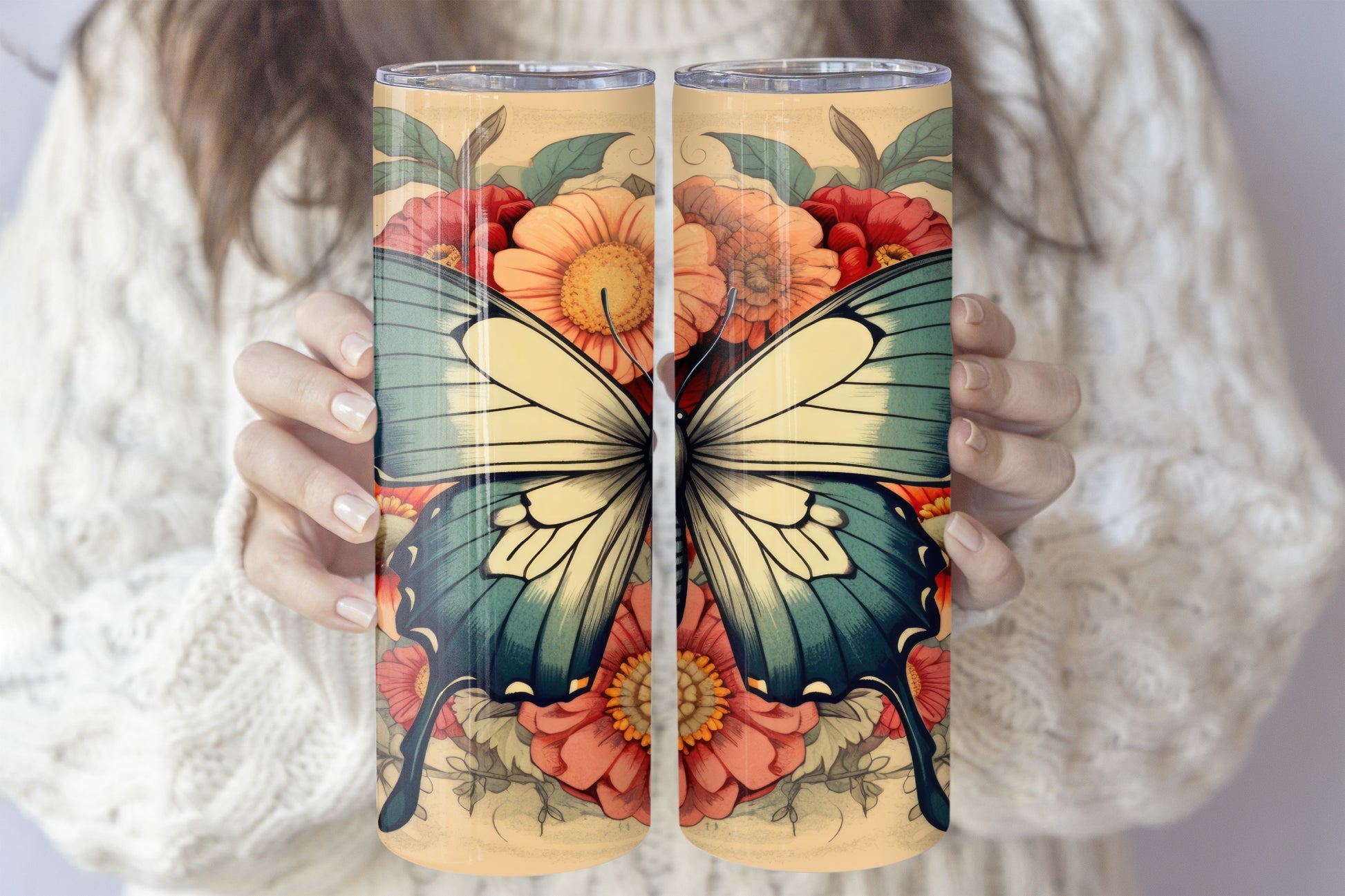 Vintage Floral, Boho Butterfly Stainless Steel Tumbler, Aesthetic Botanical.