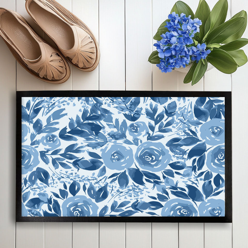 Watercolor Blue Rose Doormat, Floral Welcome Mat for Spring Bloom