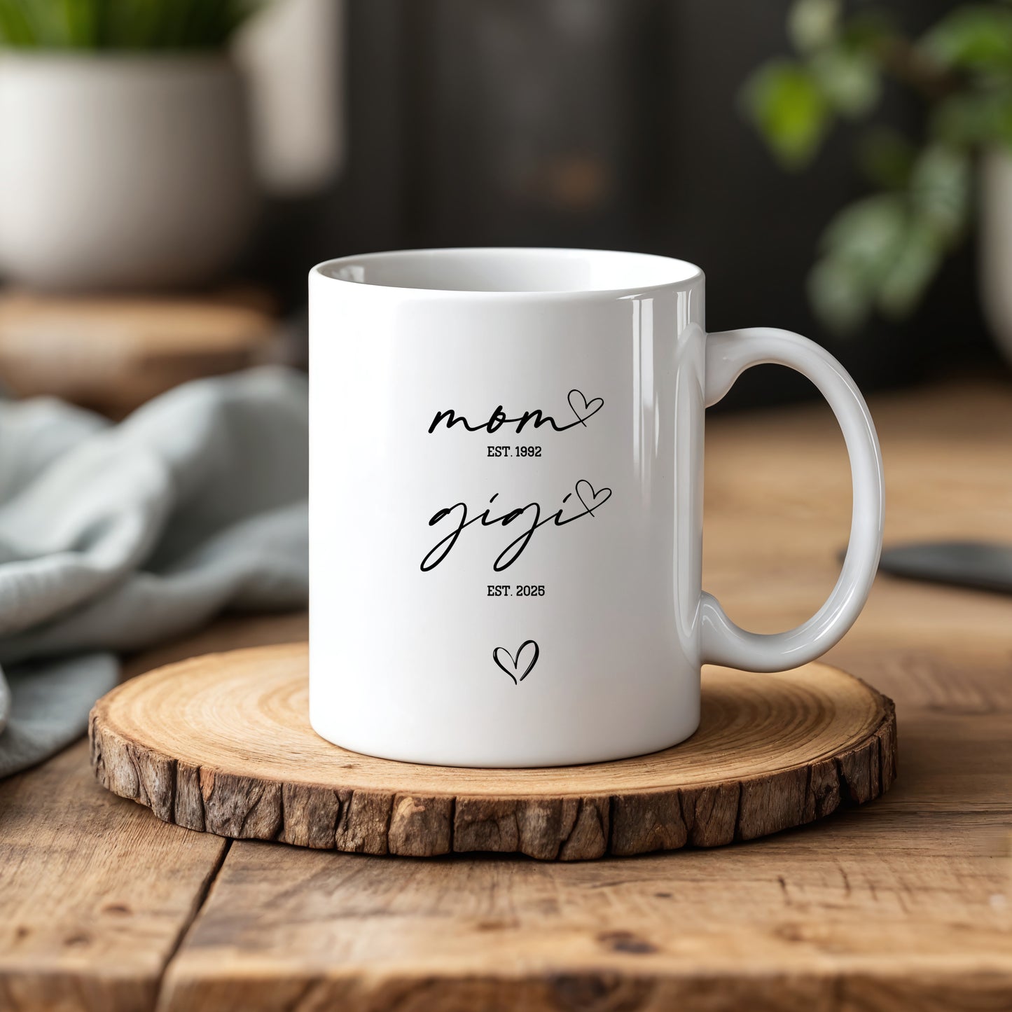 Personalized Grandma Established, Minimal Hearts Coffee Mug, Aesthetic Pregnancy Announcement