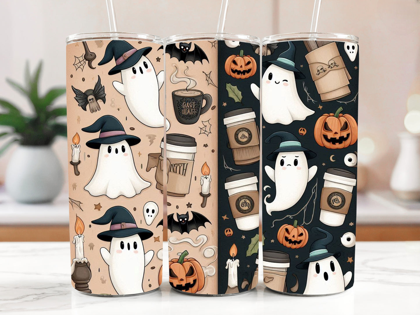 Festive Halloween Coffee Tumbler, Spooky Ghosts Design for Fall
