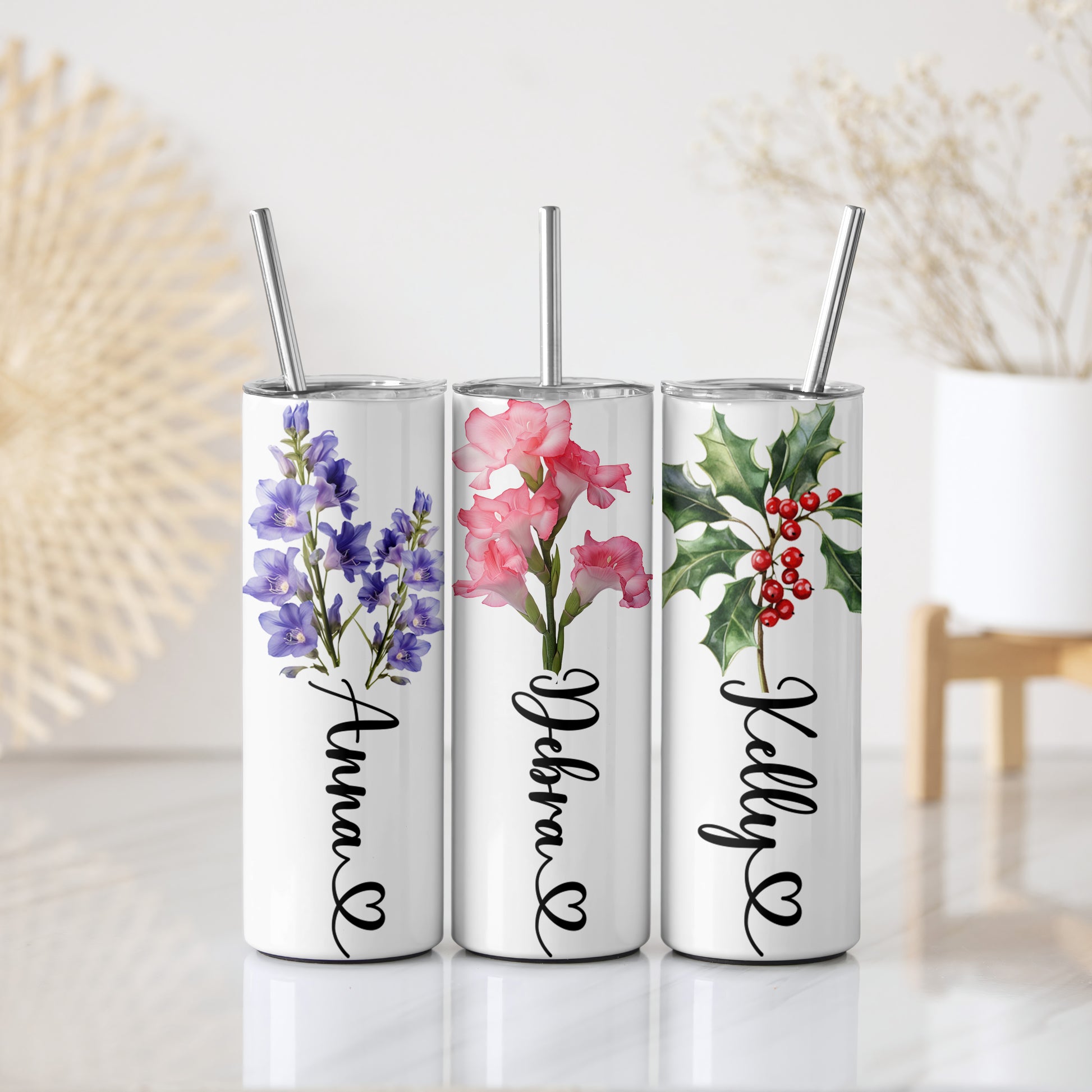Custom Floral Tumbler, Personalized Drinkware with Rose, Orchid, Lavender, Daffodil