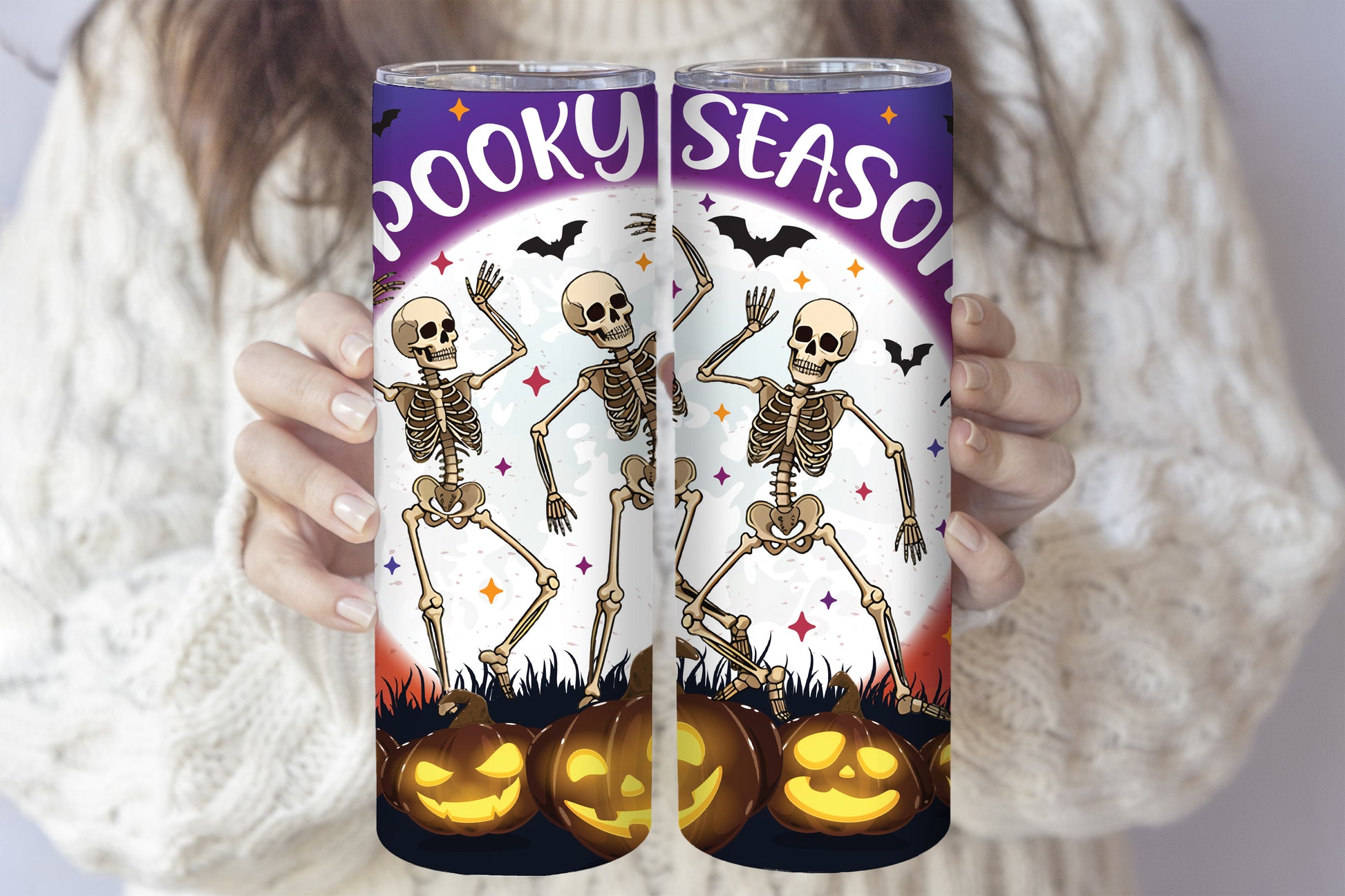 Spooky Skeleton Design Tumbler, Jack-O-Lantern Field Theme Halloween Coffee Cup