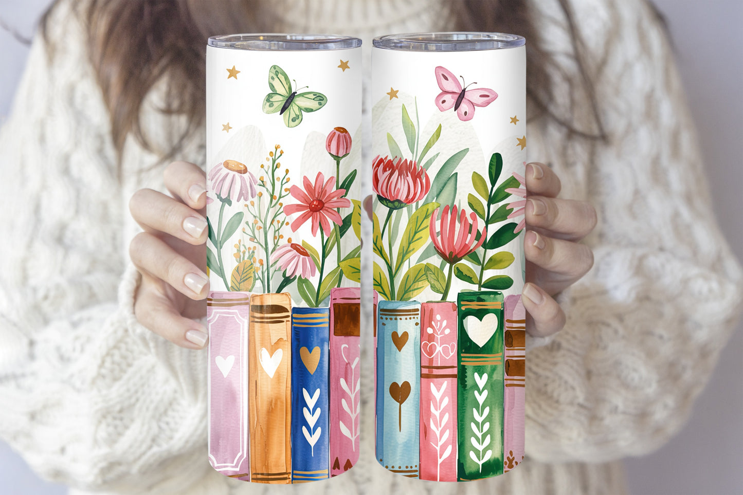 Floral, Butterfly, Hearts Design - Insulated Tumbler for Book Lovers