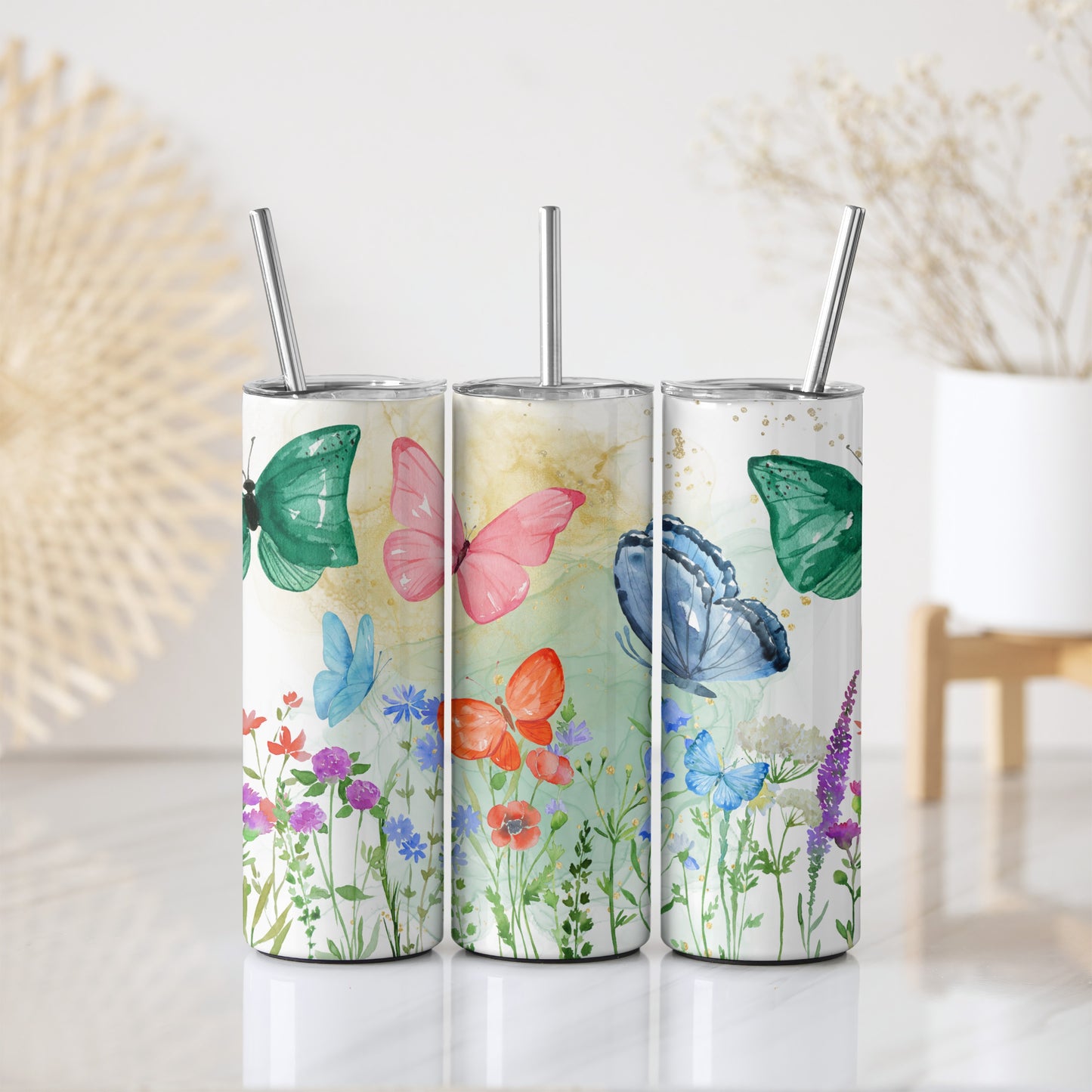 Nature-inspired Steel Tumbler: Butterfly & Wildflower Aesthetics, Stainless Gift