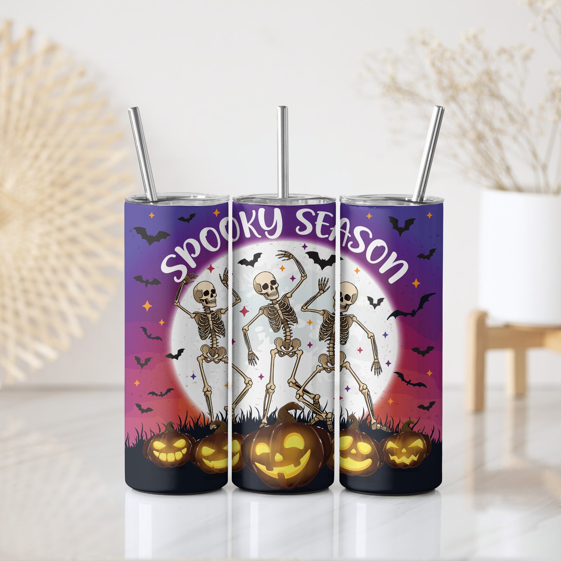Spooky Skeleton Design Tumbler, Jack-O-Lantern Field Theme Halloween Coffee Cup