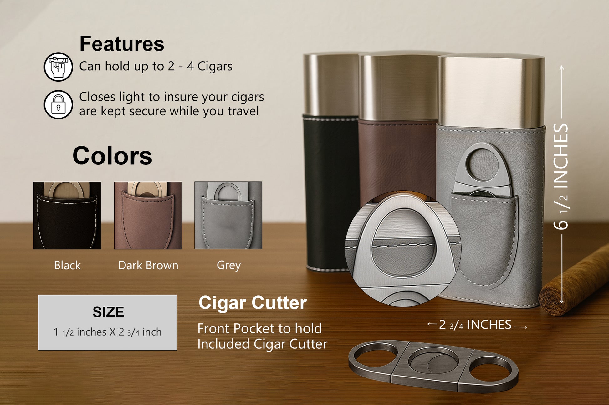 Personalized Vegan Leather Cigar Case with Cutter, Ideal Gift for Him