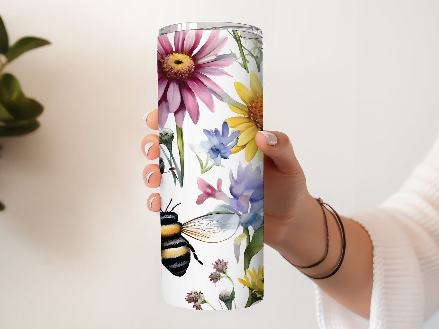 Wildflower and Honeybee Tumbler, Stainless Steel Nature Lover Travel Mug
