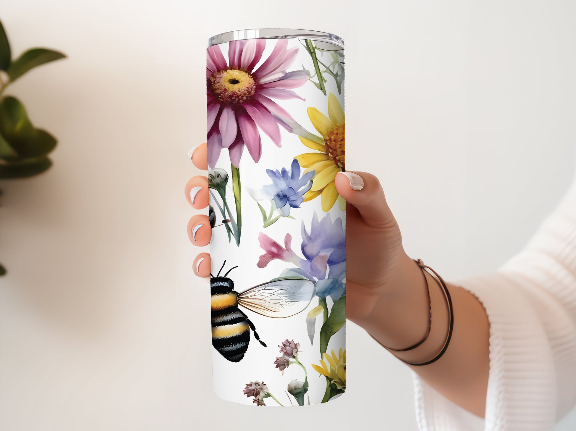 Wildflower and Honeybee Tumbler, Stainless Steel Nature Lover Travel Mug