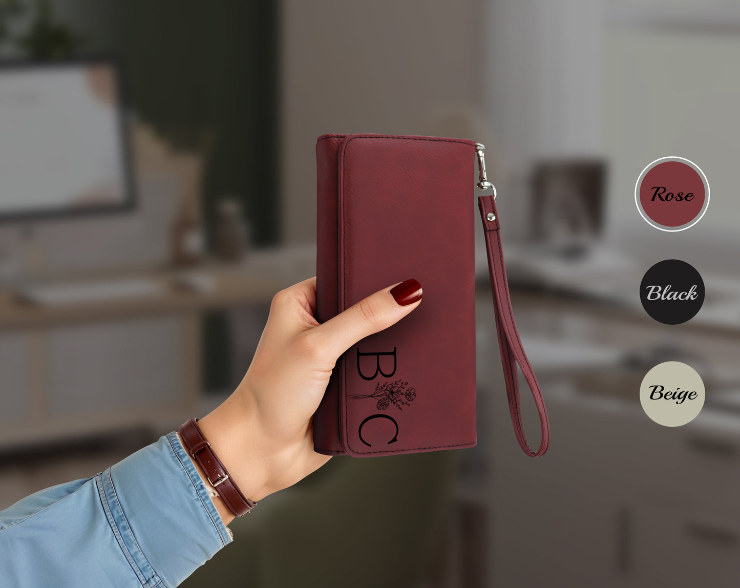 Custom Vegan Leather Wallet with Floral Engraving, Perfect Bridesmaid Gift
