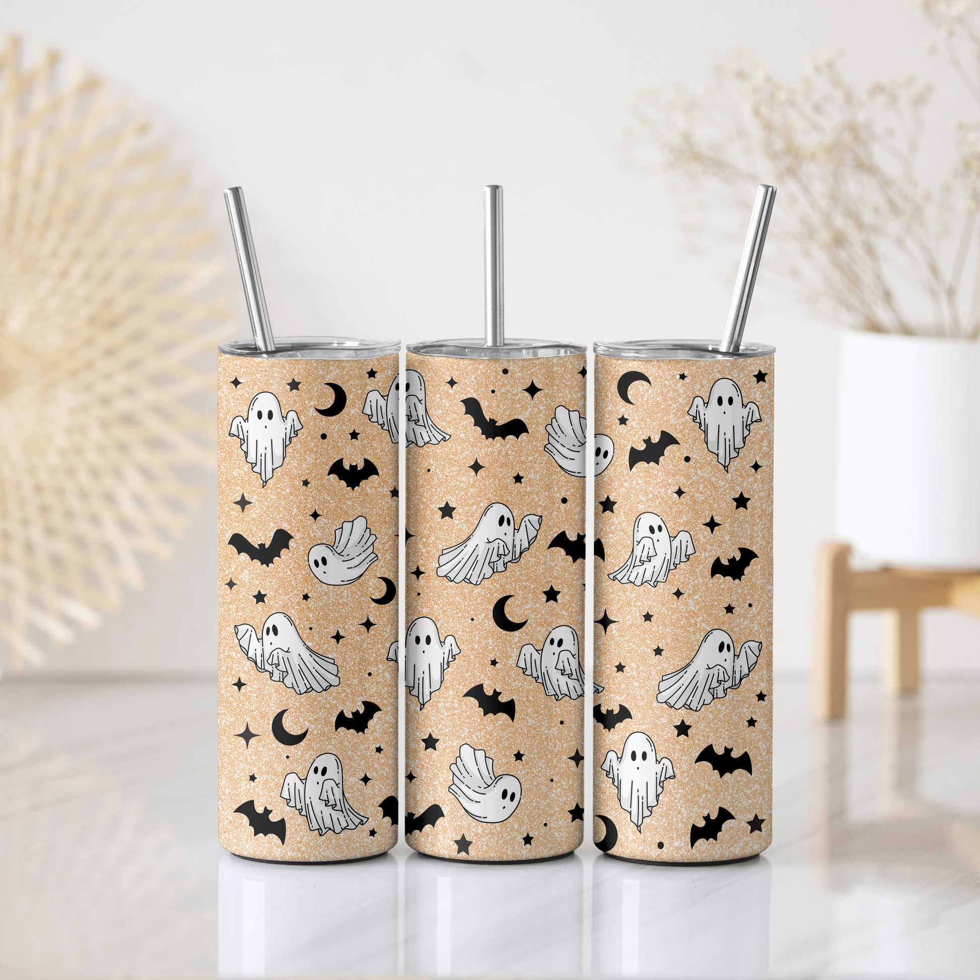 Whimsical Ghosts, Bats Stainless Steel Tumbler - Glittery Halloween Design