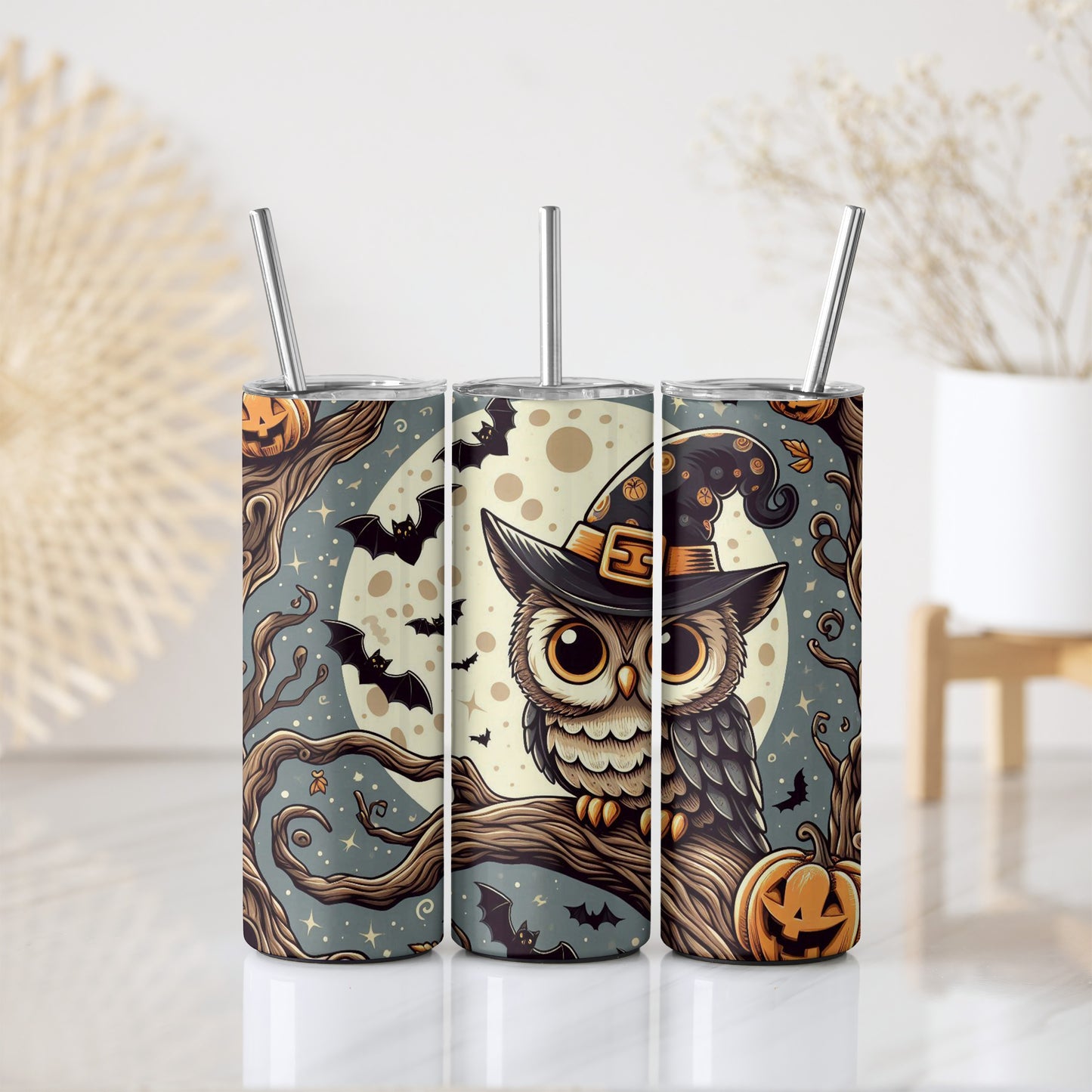 Whimsical Owl Theme Steel Tumbler, Perfect for Fall and Halloween