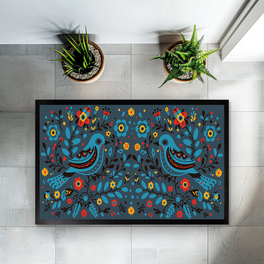 Bohemian Bird & Flower Doormat, Cottagecore Artistic Welcome Mat