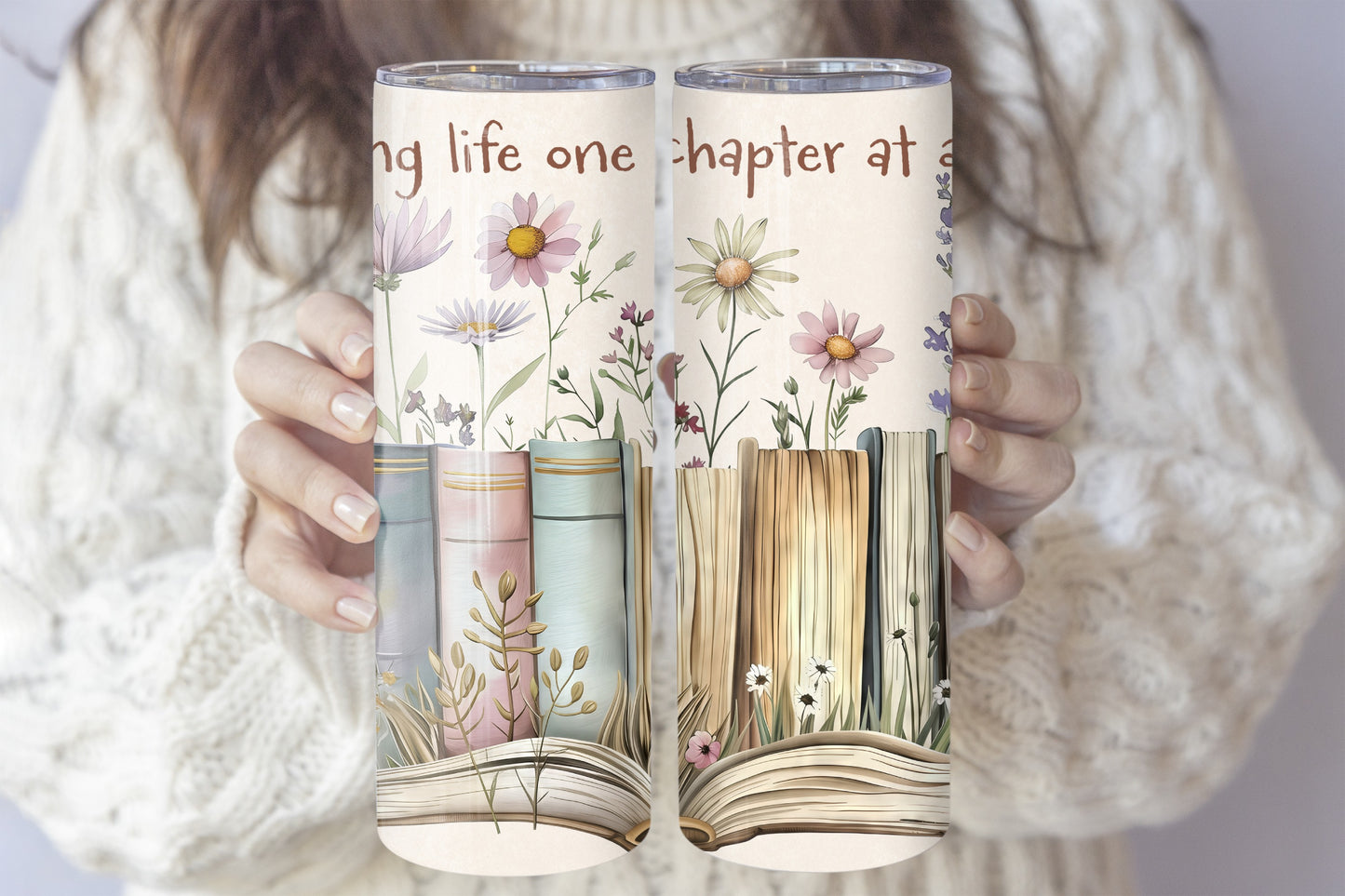 Floral Bookshelf Themed Tumbler, Perfect Gift for Book Lovers