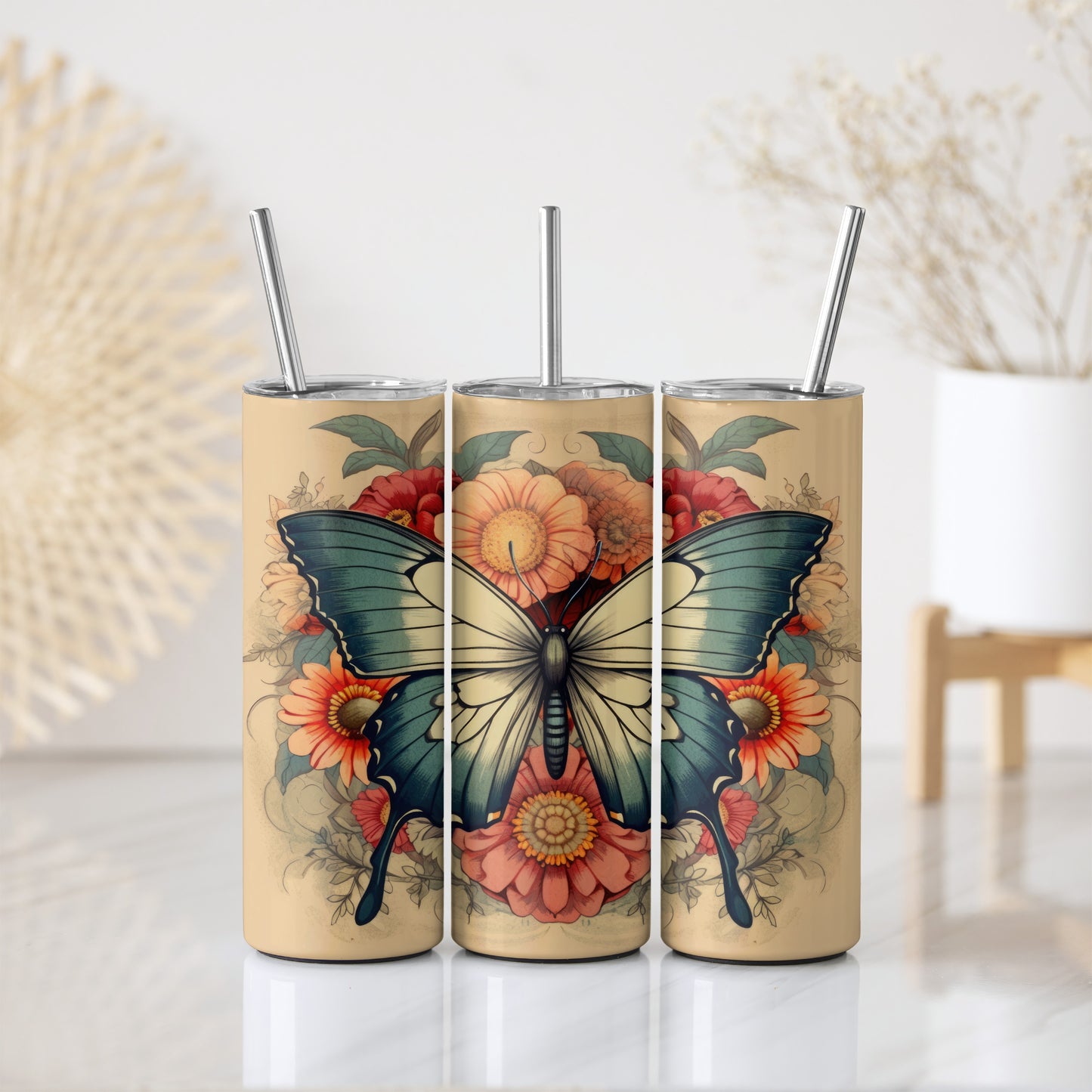 Vintage Floral, Boho Butterfly Stainless Steel Tumbler, Aesthetic Botanical.