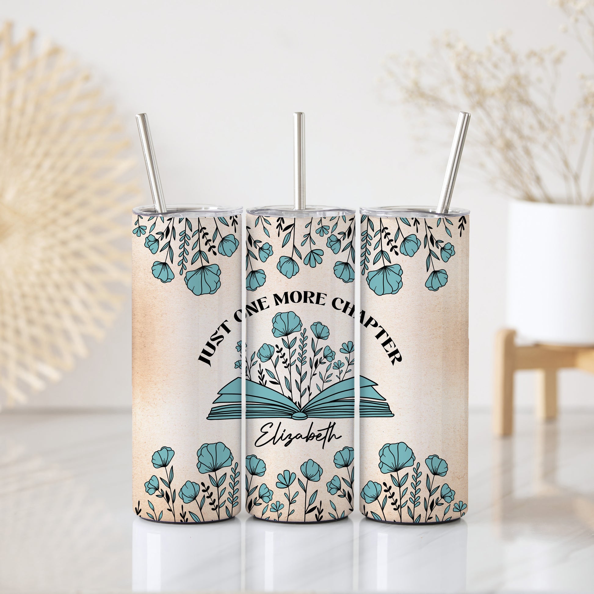Vibrant Flowers Book Lover Tumbler, Personalized One More Chapter