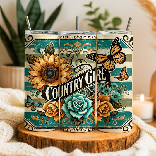 Charming Vintage Country Girl Tumbler, Colorful Floral Insulated Cup