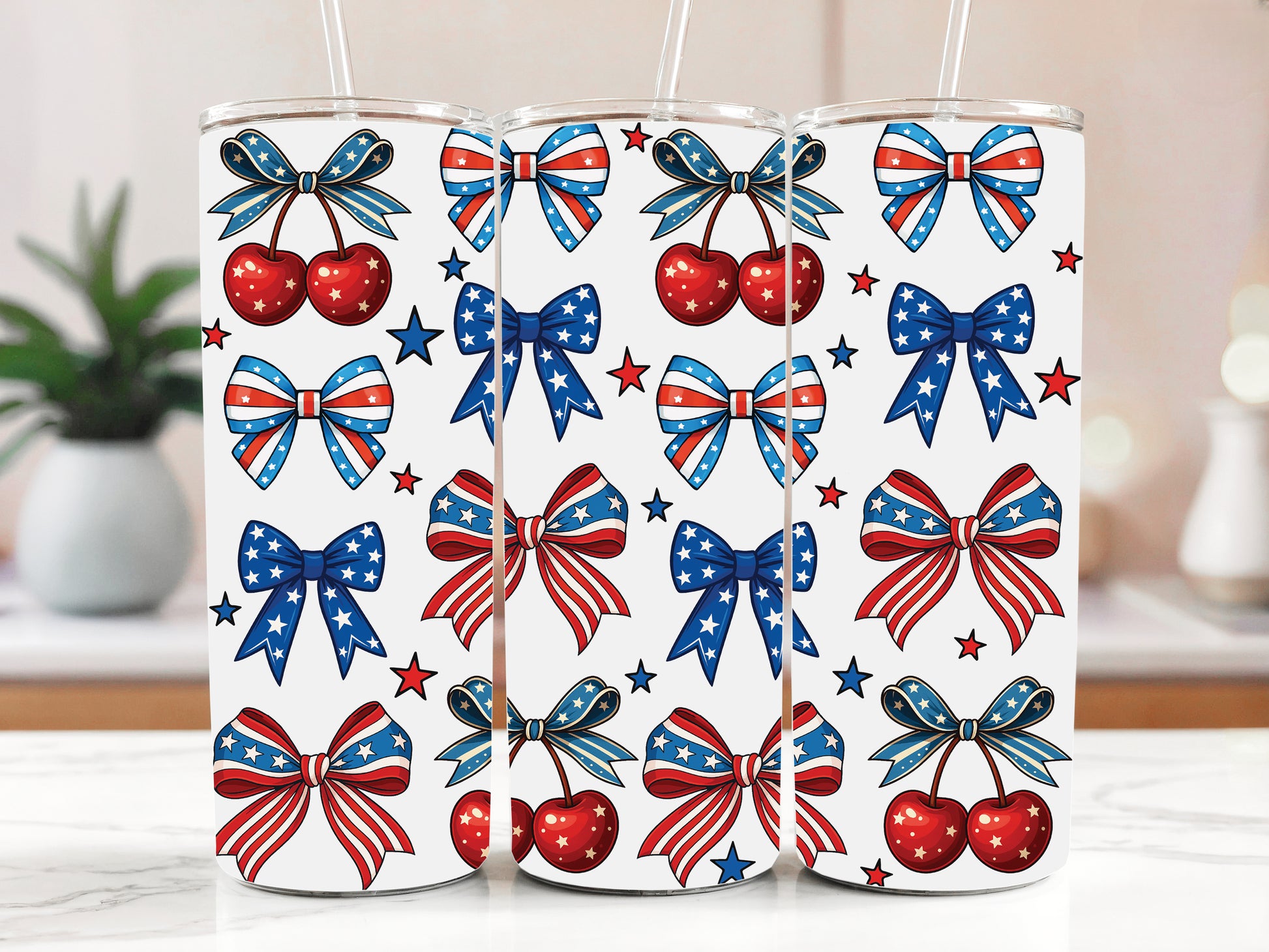 Independence Day Stainless Steel Tumblers, Patriotic Bows with Straw