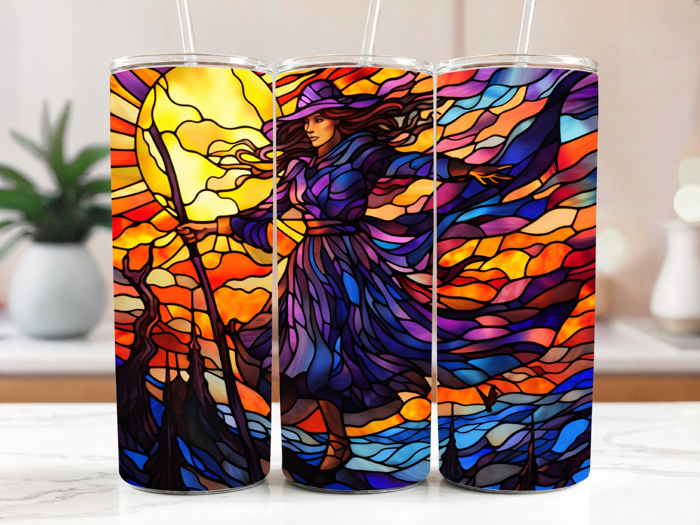 Colorful Stained Glass Wizard Tumbler, Vibrant Halloween Stainless Steel Cup.
