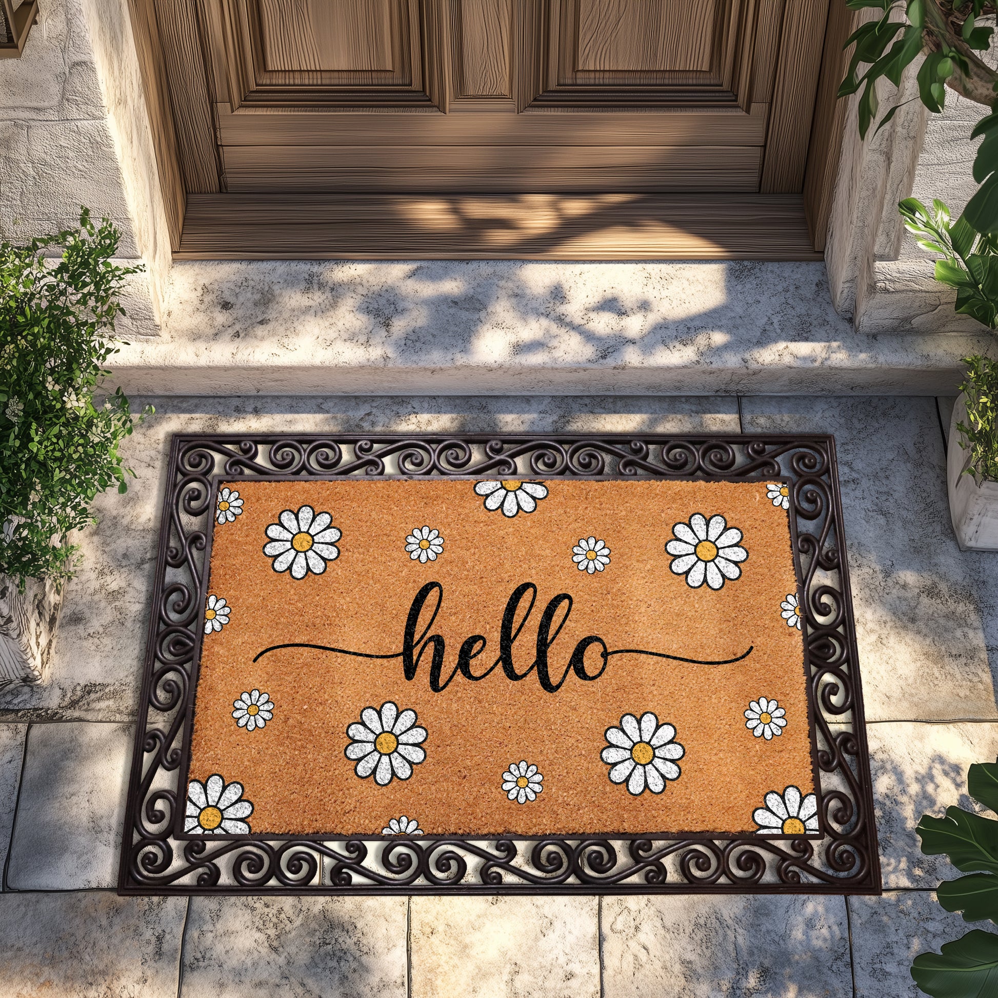 Cheerful Daisy Coir Doormat, Farmhouse Rustic Flower Welcome Mat