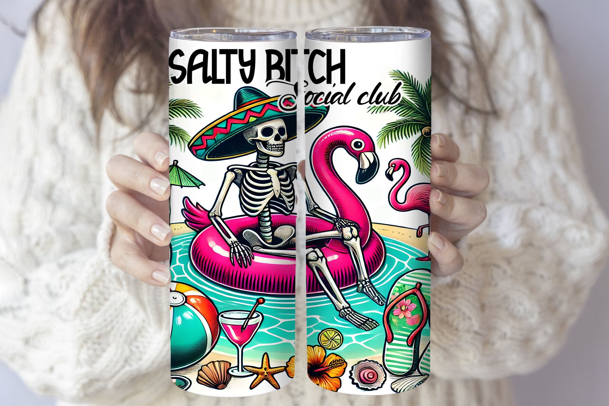 Summer Vibes Skeleton Holiday Tumbler, Funny Beach Skeleton Flamingo Mug