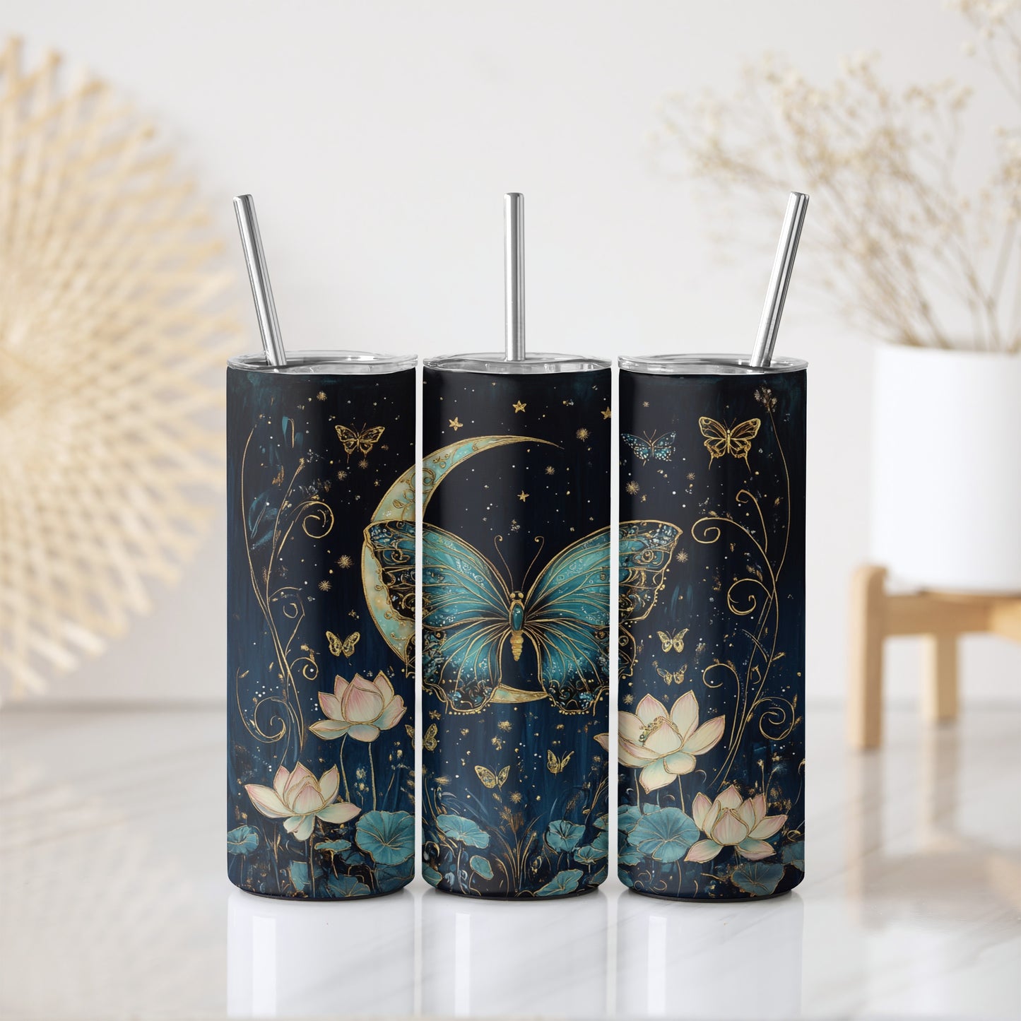 Mystical Butterfly, Celestial Moon, Lotus Flower Stainless Steel Tumbler