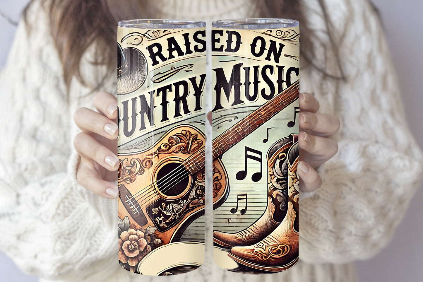 Rustic Guitar Boots Hat Stainless Steel Tumbler, Western Floral Design