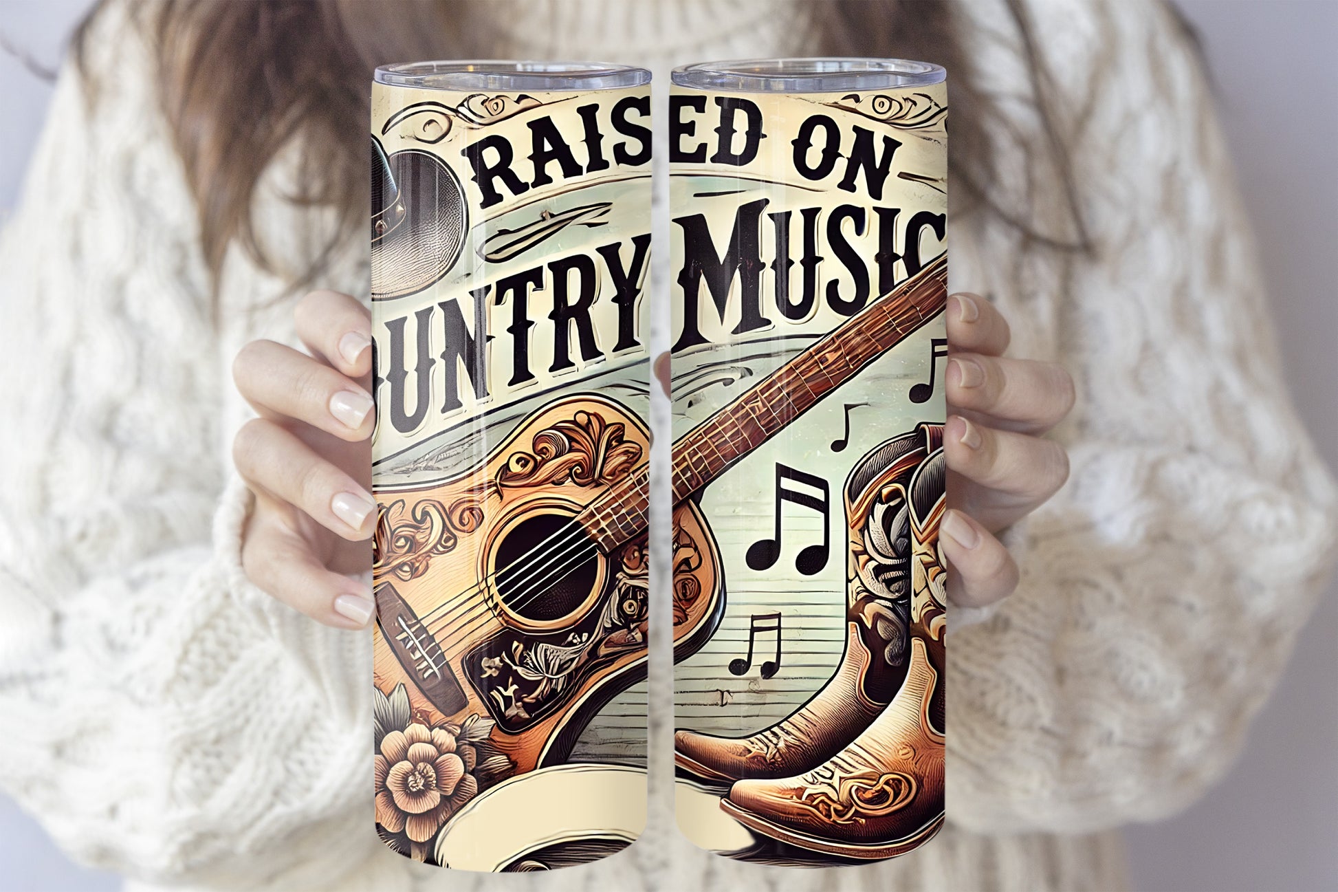 Rustic Guitar Boots Hat Stainless Steel Tumbler, Western Floral Design