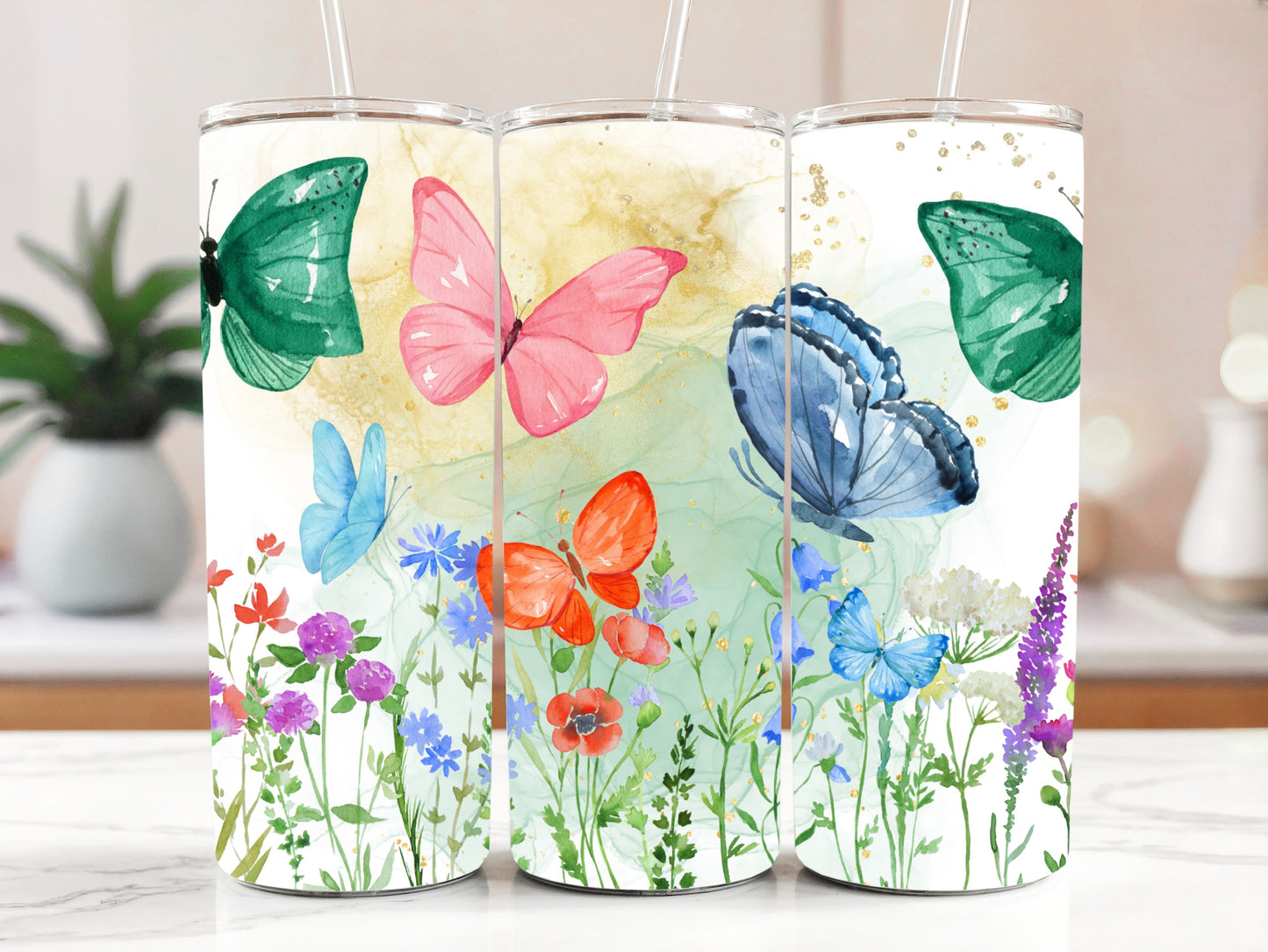 Nature-inspired Steel Tumbler: Butterfly & Wildflower Aesthetics, Stainless Gift