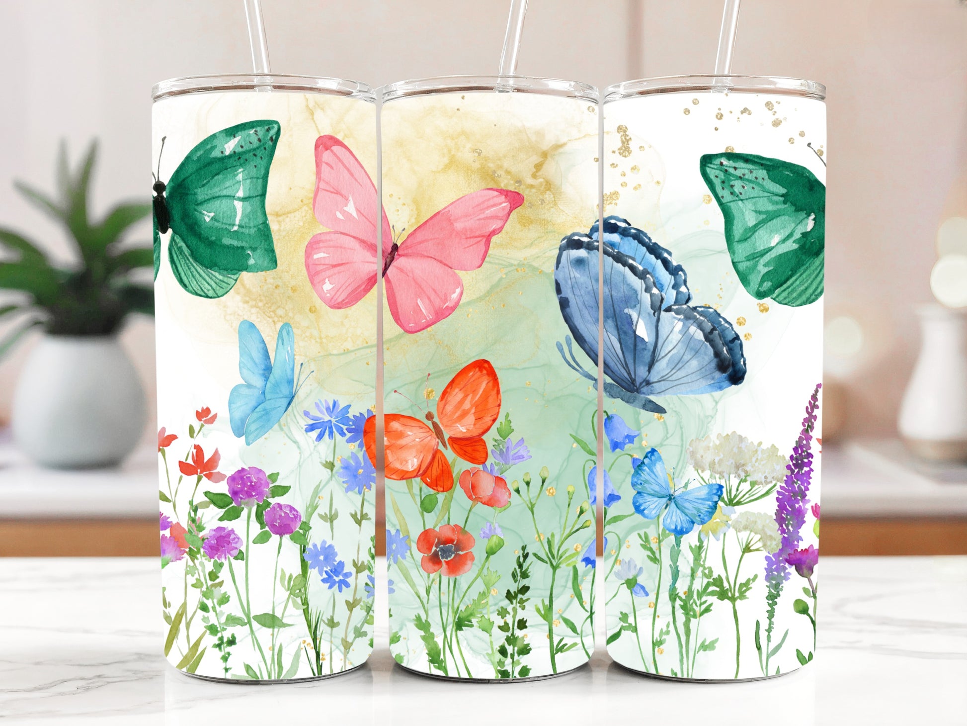 Nature-inspired Steel Tumbler: Butterfly & Wildflower Aesthetics, Stainless Gift