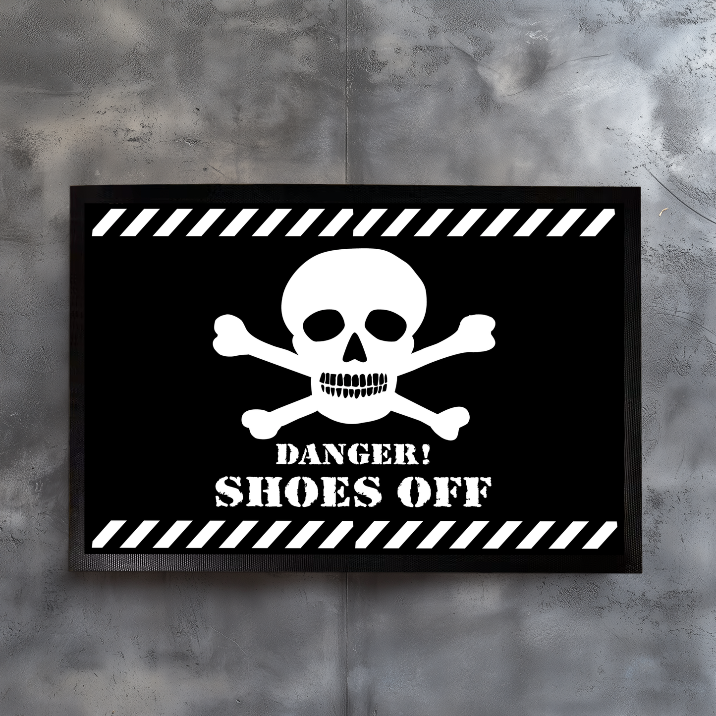 Edgy Skull Housewarming Gift, Warning! Shoes Off Mat, Entryway Rug