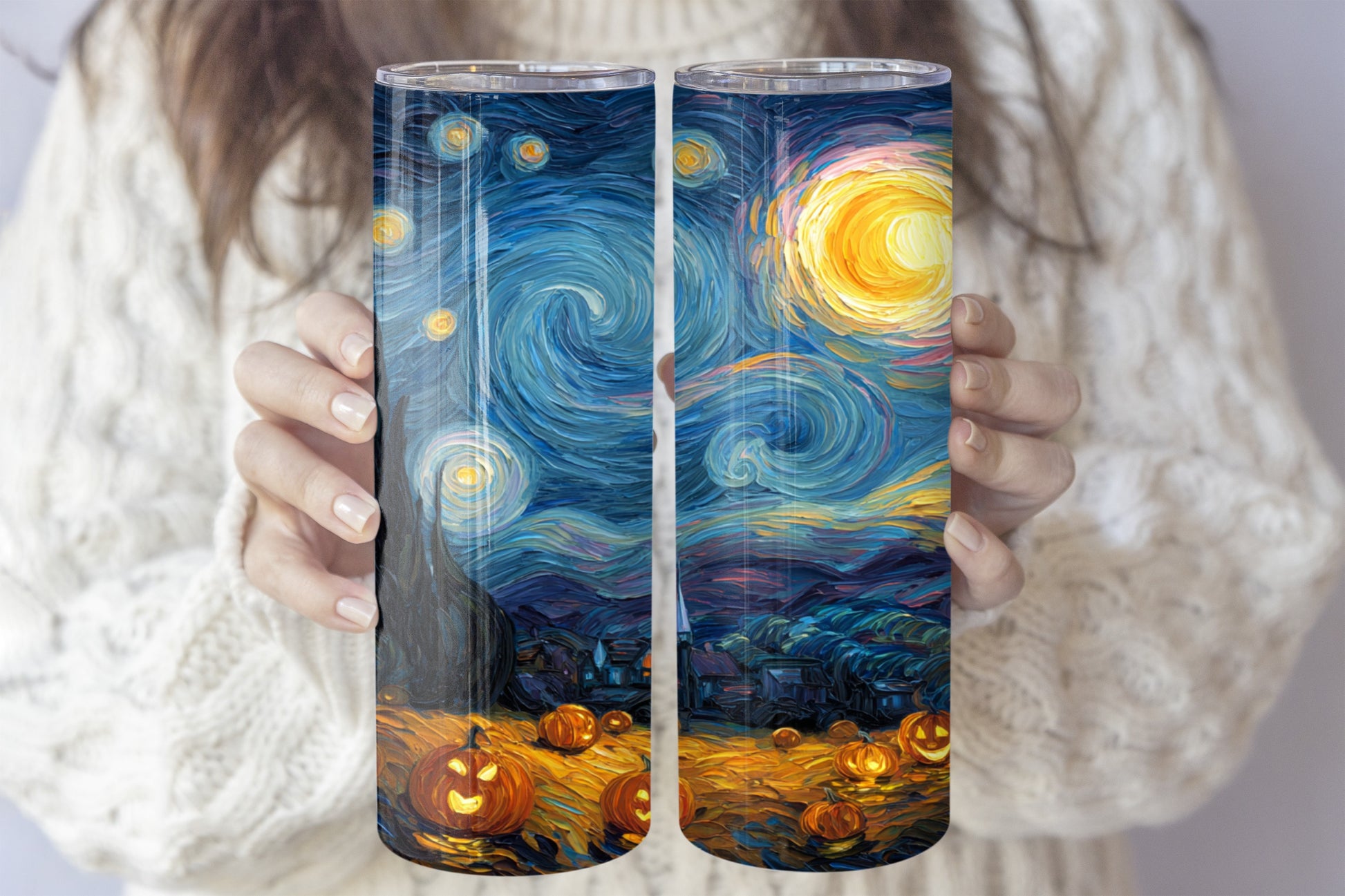 Starry Night Halloween Tumbler, Spooky Pumpkin Field Water Bottle