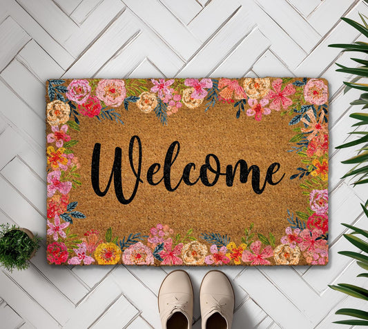 Welcome Floral Coco Doormat, Vibrant Flowers Rug, Cute Spring Entry Door Mat