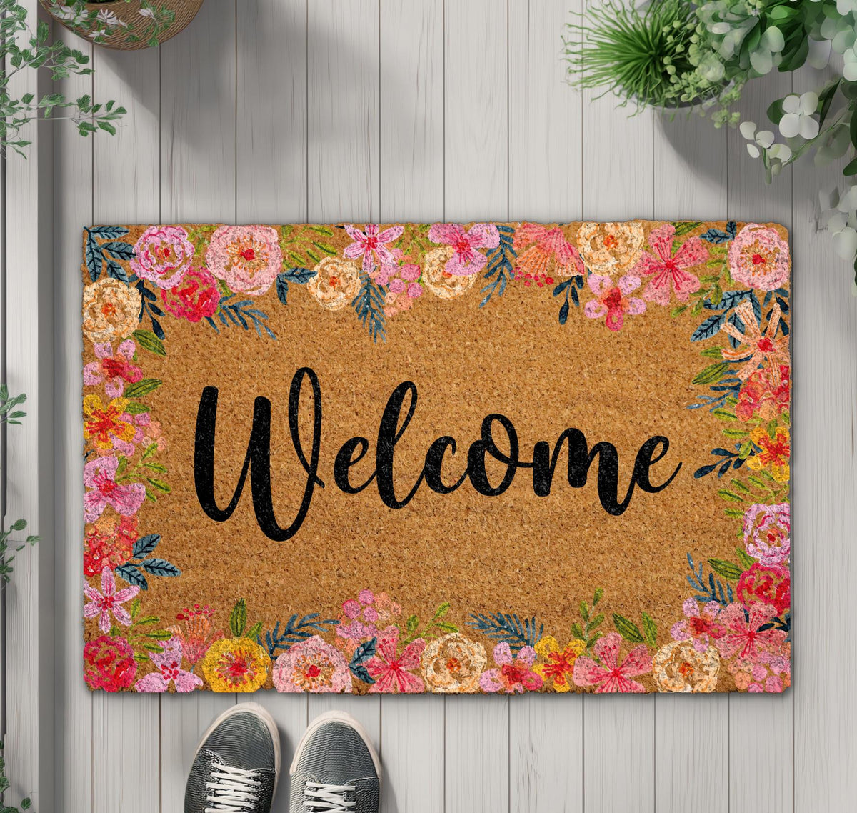 Welcome Floral Coco Doormat, Vibrant Flowers Rug, Cute Spring Entry Door Mat